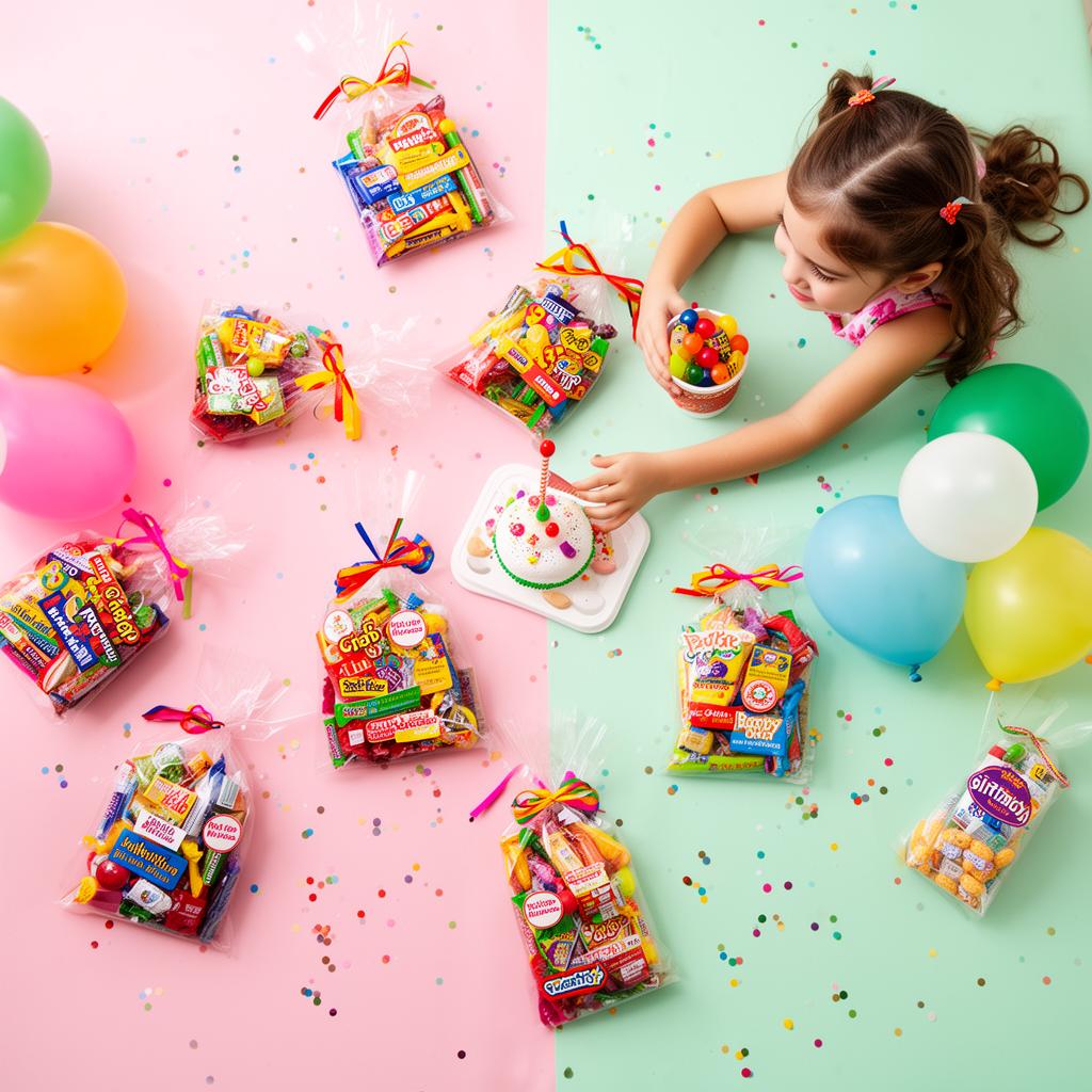 Bolos de fiesta coloridos llenos de dulces, listos para repartir en un cumpleaños infantil